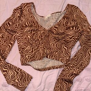 Altar’d State Brown and Cream Sparkly Asymmetrical Crop Blouse